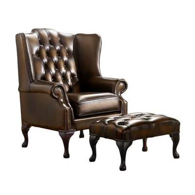 Chesterfield Flat Wing Chair + Footstool Antique Tan Leather In Mallory Style from B&Q