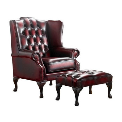 Chesterfield Flat Wing Chair + Footstool Antique Oxblood Red Leather In Mallory Style from B&Q