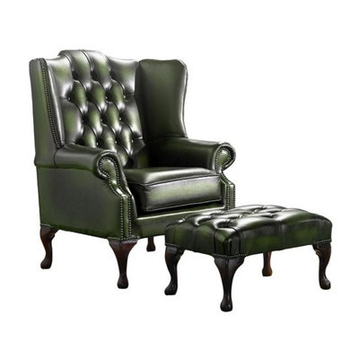 Chesterfield Flat Wing Chair + Footstool Antique Green Leather In Mallory Style from B&Q