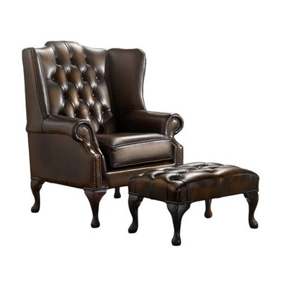 Chesterfield Flat Wing Chair + Footstool Antique Brown Leather In Mallory Style from B&Q