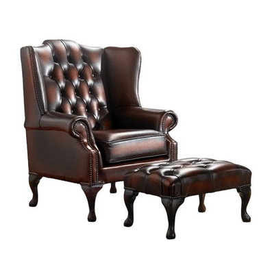Chesterfield Flat Wing Chair + Footstool Antique Rust Leather In Mallory Style from B&Q