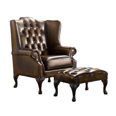 Chesterfield Flat Wing Chair + Footstool Antique Gold Leather In Mallory Style from B&Q