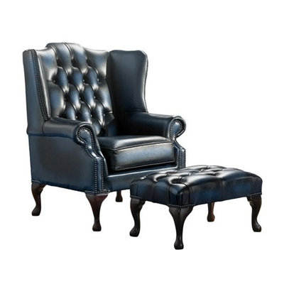 Chesterfield Flat Wing Chair + Footstool Antique Blue Leather In Mallory Style from B&Q