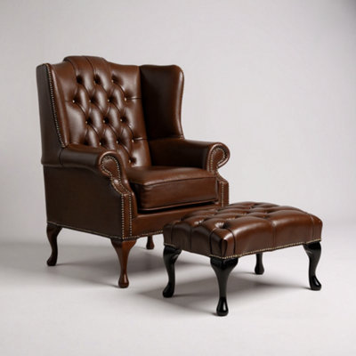 Chesterfield Flat Wing Chair + Footstool Antique Autumn Tan Leather In Mallory Style from B&Q
