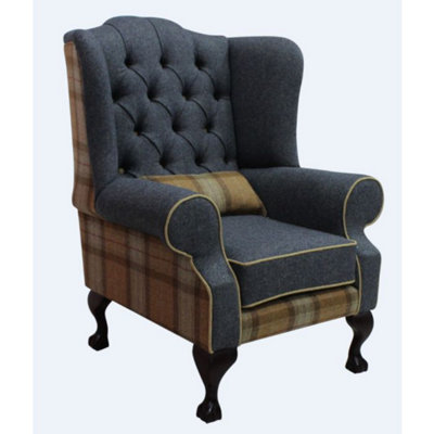 Chesterfield Fireside High Back Wing Chair Skye Sage And Grey Check Tweed Wool In Mallory Style from B&Q