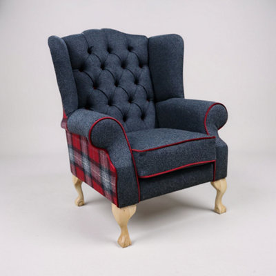 Chesterfield Fireside High Back Wing Chair Skye Red Check Tweed Wool In Mallory Style from B&Q