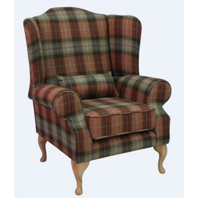 Chesterfield Fireside High Back Wing Chair Chestnut Tree Check Tweed Wool In Mallory Style from B&Q