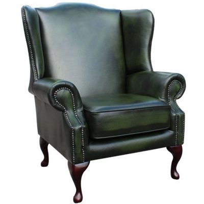 Chesterfield Flat Saxon High Back Wing Chair Antique Green Leather In Mallory Style from B&Q