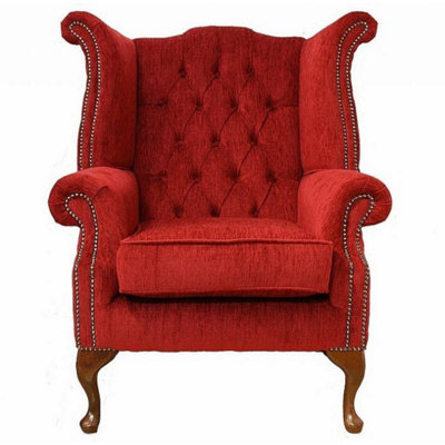 Chesterfield High Back Wing Chair Velluto Tomato Fabric In Queen Anne Style from B&Q