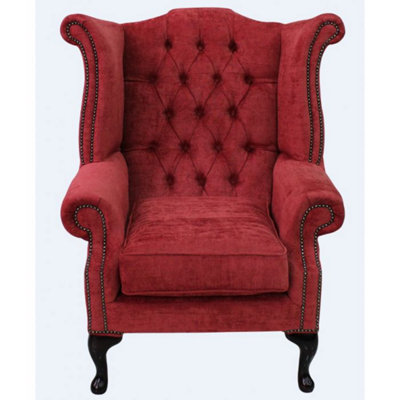Chesterfield High Back Wing Chair Velluto Red Fabric In Queen Anne Style from B&Q