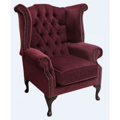Chesterfield High Back Wing Chair Pimlico Wine Fabric In Queen Anne Style from B&Q