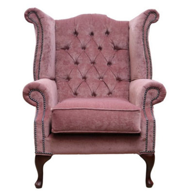 Chesterfield High Back Wing Chair Pimlico Plum Fabric In Queen Anne Style from B&Q