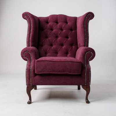 Chesterfield High Back Wing Chair Pimlico Damson Fabric In Queen Anne Style from B&Q