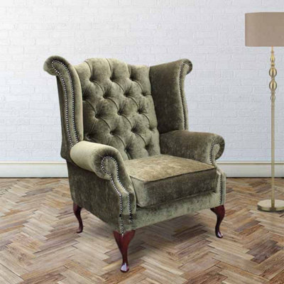 Chesterfield High Back Wing Chair Velluto Moss Green Velvet Fabric In Queen Anne Style from B&Q