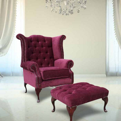 Chesterfield High Back Wing Chair + Footstool Pimlico Damson Fabric In Queen Anne Style from B&Q