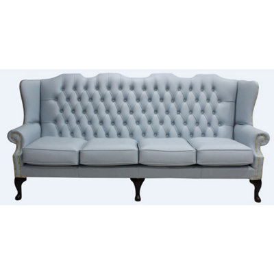 Chesterfield 4 Seater Flat Wing High Back Shelly Parlour Blue Leather Sofa In Queen Anne Style from B&Q