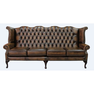 Chesterfield 4 Seater Wing High Back Antique Tan Leather Sofa In Queen Anne Style from B&Q