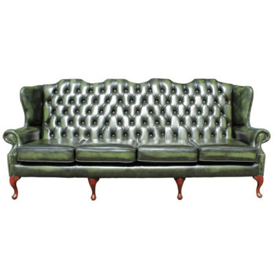 Chesterfield 4 Seater Flat Wing High Back Antique Green Real Leather Sofa In Queen Anne Style from B&Q
