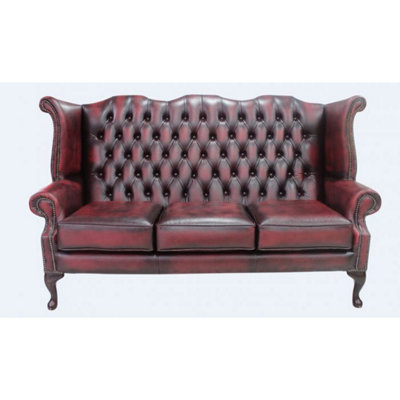 Chesterfield 3 Seater High Back Wing Sofa Antique Oxblood Red Leather In Queen Anne Style from B&Q
