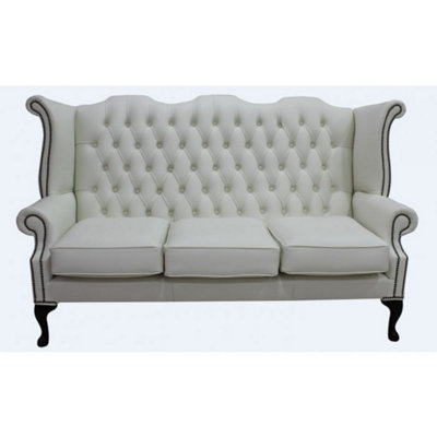 Chesterfield 3 Seater High Back Wing Sofa Shelly White Leather In Queen Anne Style from B&Q