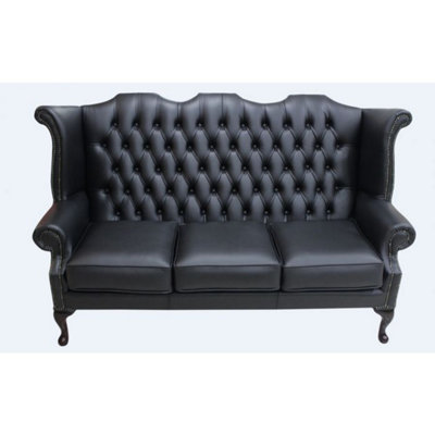 Chesterfield 3 Seater High Back Wing Sofa Shelly Black Leather In Queen Anne Style from B&Q