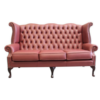 Chesterfield 3 Seater High Back Wing Sofa Shelly Burgandy Leather In Queen Anne Style from B&Q