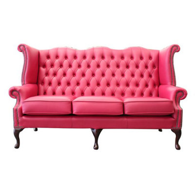 Chesterfield 3 Seater High Back Wing Sofa Shelly Anemone Leather In Queen Anne Style from B&Q