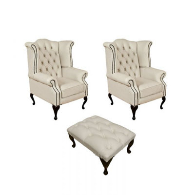 Chesterfield 2 X Wing Chairs + Footstool Ivory Leather In Queen Anne Style from B&Q