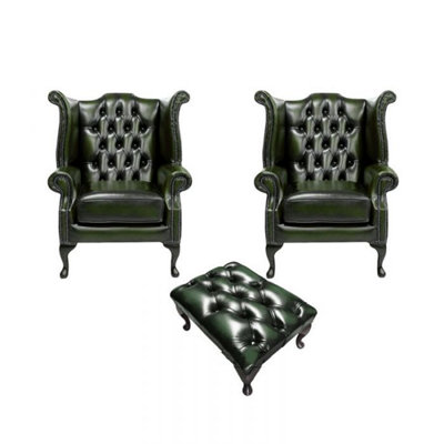 Chesterfield 2 X Wing Chairs + Footstool Antique Green Leather In Queen Anne Style from B&Q