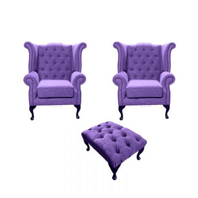 Chesterfield 2 X Wing Chairs + Footstool Verity Purple Fabric In Queen Anne Style from B&Q