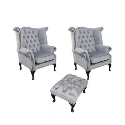 Chesterfield 2 X Wing Chairs + Footstool Perla Illusions Grey Velvet In Queen Anne Style from B&Q