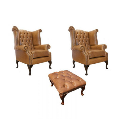 Chesterfield 2 X Wing Chairs + Footstool Old English Tan Leather In Queen Anne Style from B&Q