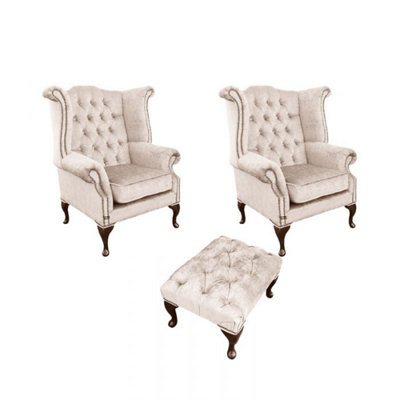 Chesterfield 2 X Wing Chairs + Footstool Harmony Ivory Velvet In Queen Anne Style from B&Q