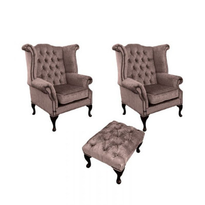Chesterfield 2 X Wing Chairs + Footstool Harmony Charcoal Velvet In Queen Anne Style from B&Q