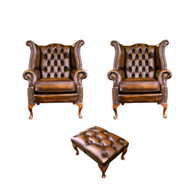 Chesterfield 2 X Wing Chairs + Footstool Antique Gold Leather In Queen Anne Style from B&Q