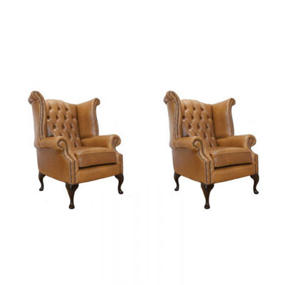 Chesterfield 2 X High Back Chairs Old English Tan Leather Bespoke In Queen Anne Style from B&Q