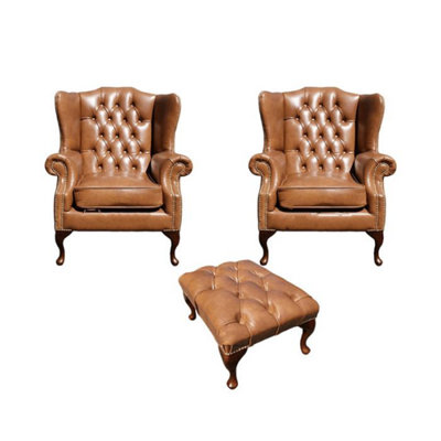 Chesterfield 2 X Wing Chairs + Footstool Old English Tan Leather In Mallory Style from B&Q