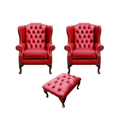 Chesterfield 2 X Wing Chairs + Footstool Old English Gamay Red Leather In Mallory Style from B&Q