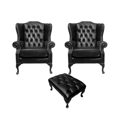 Chesterfield 2 X Wing Chairs + Footstool Old English Black Leather In Mallory Style from B&Q
