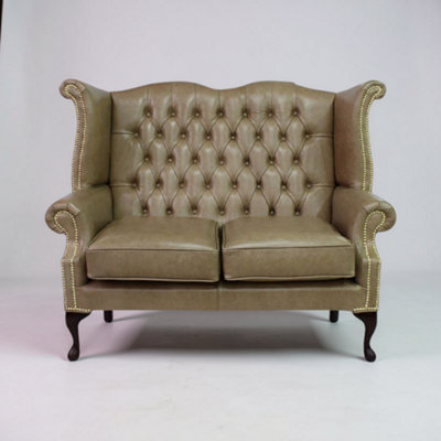 Chesterfield 2 Seater High Back Wing Sofa Old English Parchment Leather In Queen Anne Style from B&Q