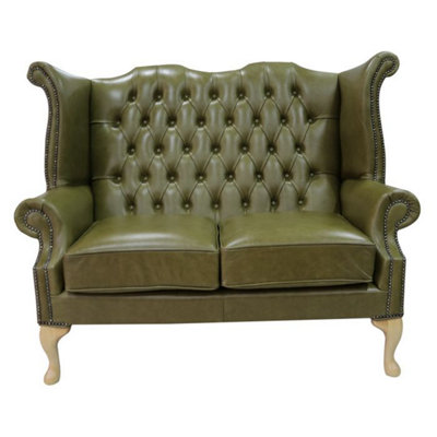 Chesterfield 2 Seater High Back Wing Sofa Old English Olive Green Leather In Queen Anne Style from B&Q
