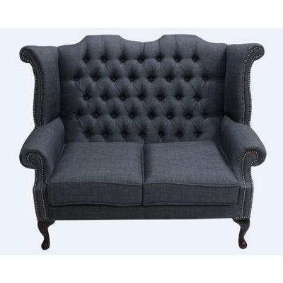 Chesterfield 2 Seater High Back Wing Sofa Charles Charcoal Grey Linen Fabric In Queen Anne Style from B&Q