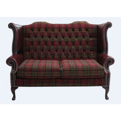 Chesterfield 2 Seater High Back Sofa Lana Terracotta Fabric Antique Oxblood Leather In Queen Anne Style from B&Q