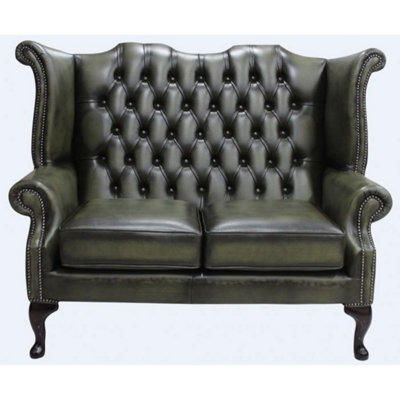 Chesterfield 2 Seater High Back Wing Sofa Antique Olive Leather In Queen Anne Style from B&Q
