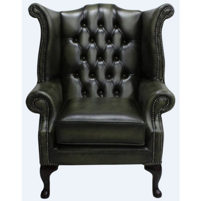Chesterfield High Back Wing Chair Antique Olive Leather Bespoke In Queen Anne Style from B&Q