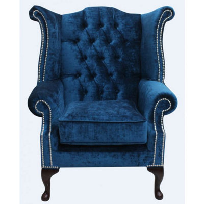 Chesterfield High Back Wing Chair Pastiche Petrol Blue Velvet In Queen Anne Style from B&Q