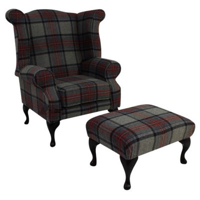 Chesterfield Fireside High Back Armchair + Footstool Wool Tweed Beningborough Graphite Check In Queen Anne Style from B&Q