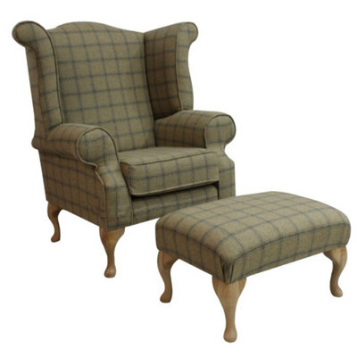 Chesterfield Fireside High Back Armchair + Footstool Wool Tweed Althrop Topaz In Queen Anne Style from B&Q