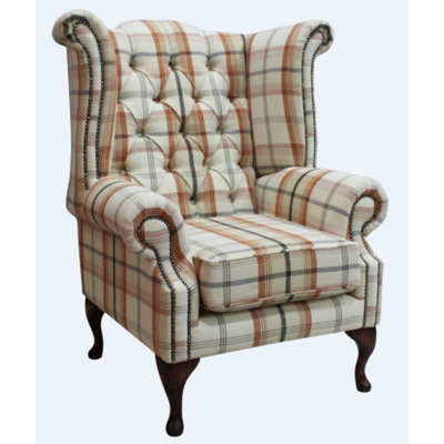 Chesterfield High Back Armchair Balmoral Autumn Checked Fabric In Queen Anne Style from B&Q