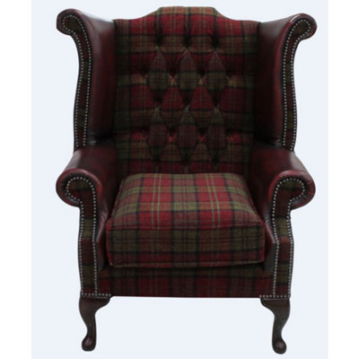 Chesterfield High Back Wing Chair Lana Terracotta Fabric Antique Oxblood Real Leather In Queen Anne Style from B&Q